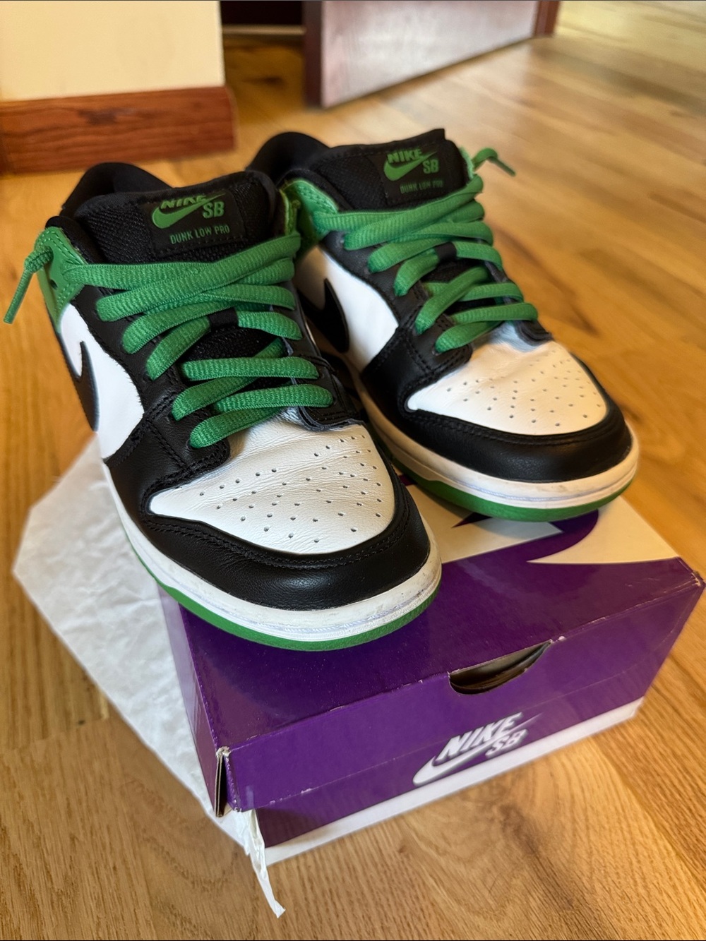 Nike SB Dunk Low Pro Sneakers - Black, White & Green - M 5.5/W 7